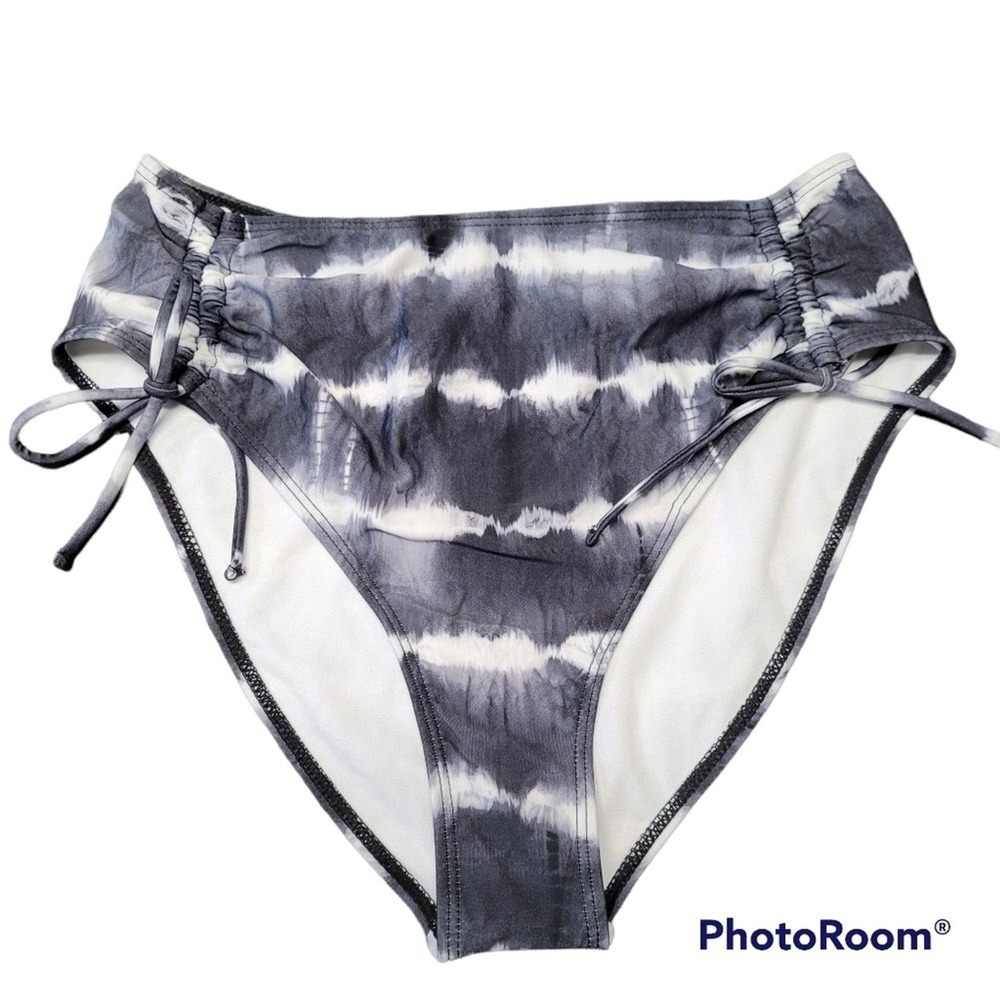 California Waves Black And White Tie Dye Side Cinched High Waisted Bikini Bottom
